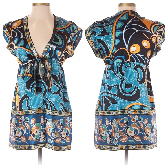 Hale Bob Colorful Print 100% Silk Boho Mini Dress / Tunic Top - Picture 2 of 11